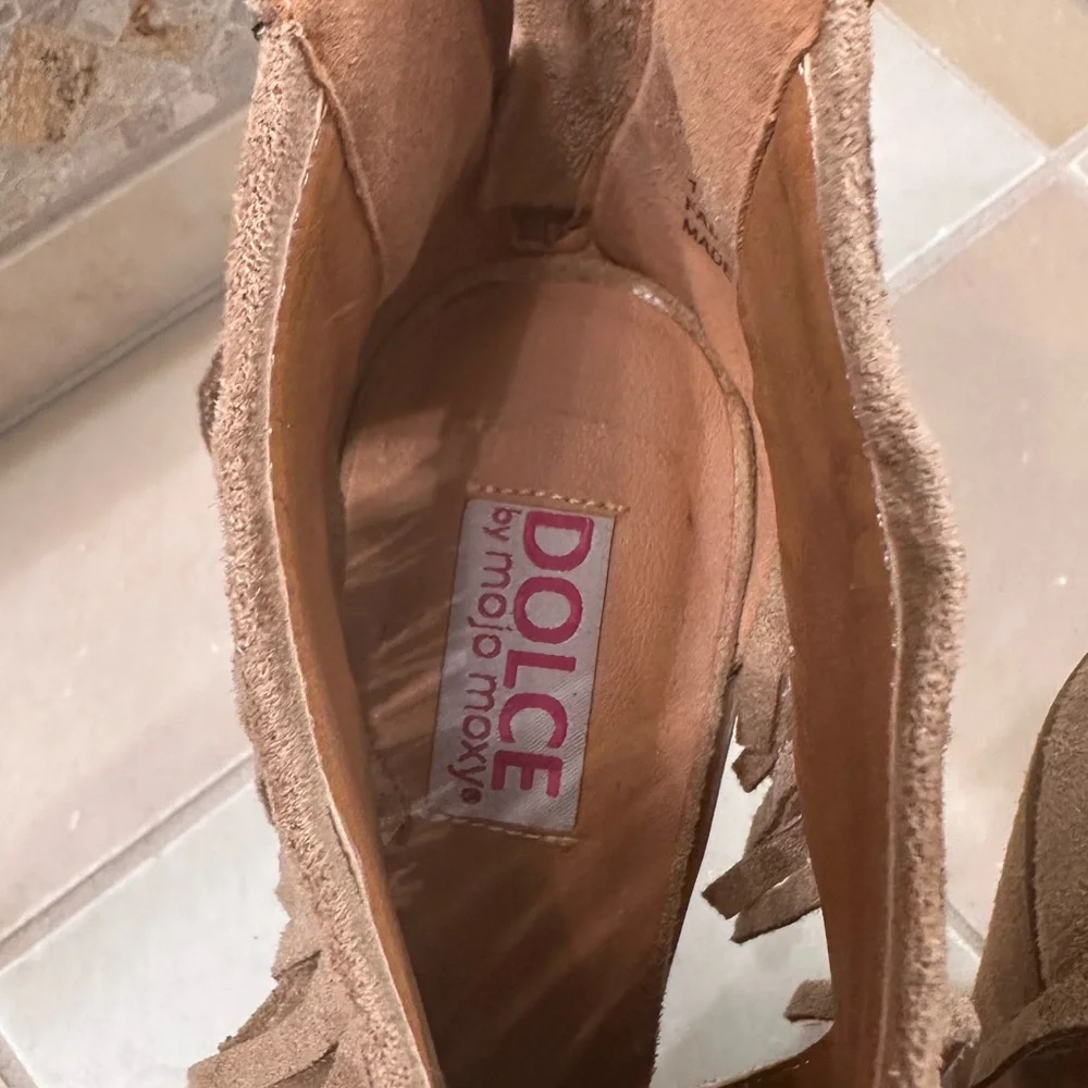 Mojo Moxy Tan Fringe Peep-Toe Booties - Picture 3 of 7